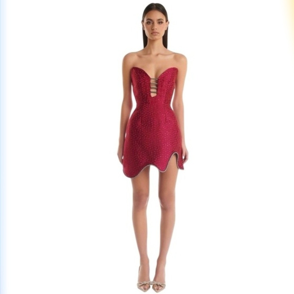 Eliya The Label Plum Lotus Crystal Plunge Strapless Mini Dress US 10 Event Glam